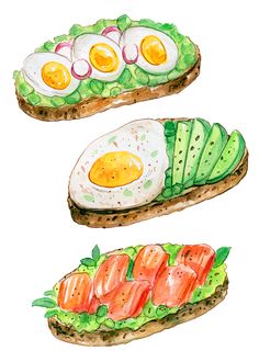 two slices of bread with different types of food on top of each other, one has an egg and the other has avocado