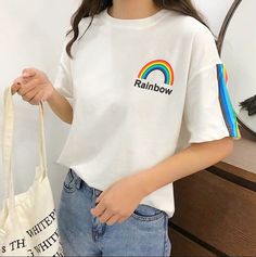 *Free Ship* Rainbow Colored Striped Tee Rainbow Shirt Design, Rainbow Shirt Outfit, Rainbow Stuff, Leather A Line Skirt, Rainbow Top, Rainbow Ribbon, Summer Stuff, Rainbow Outfit, Gift Suggestions