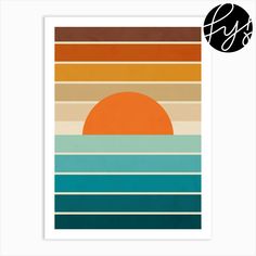 a poster with the sun and ocean waves in orange, blue, green, yellow and brown