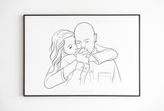 a black and white drawing of a couple holding each other in front of a white wall