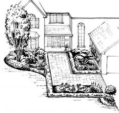 this is an artist's rendering of the front yard and driveway area for a house