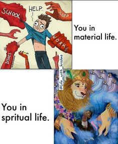 two pictures with words that say you in material life, and the same one has an image of a lion on it