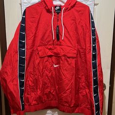 Mens Xl Red Nike Half Zip Pullover Windbreaker. New With Tags Never Worn. Hooded With Front Zip And Velcro Pocket. Make An Offer! :) Red Sportswear Windbreaker For Winter, Red Winter Sportswear Windbreaker, Red Sportswear Hoodie For Outdoor, Red Hooded Sportswear Outerwear, Nike Red Outerwear With Drawstring Hood, Nike Half-zip Winter Outerwear, Red Nike Outerwear With Drawstring Hood, Nike Winter Half-zip Outerwear, Red Nike Windbreaker For Winter