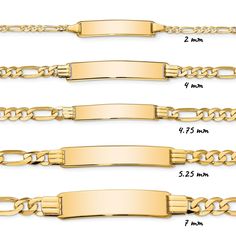 "These beautiful bracelets are available in Solid 14K Yellow Gold! Figaro Chains are all the rage, and these are the best quality at the lowest prices! We have multiple lengths and thicknesses to meet any preference! These chains are authentic 14K Yellow Gold, with no filler! We would be happy to assist in finding you additional lengths or widths, send us a message today! Total Approximate Weights, Plate Dimensions, and Max Engravable Characters (per side): 2.0 mm Chain Width: Engraving: 1 line, Classic Nameplate Bracelet Tarnish Resistant, Classic Tarnish Resistant Nameplate Bracelets, Classic Engraved Rectangular Bracelets, Classic Yellow Gold Nameplate Bracelets, Elegant Nameplate Figaro Chain Jewelry, Yellow Gold Nameplate Bracelet With Engraving Option, Rectangular Gold Bracelet With Polished Finish, Rectangular Gold Engraved Bracelets, Engravable Nameplate Bracelet In Yellow Gold