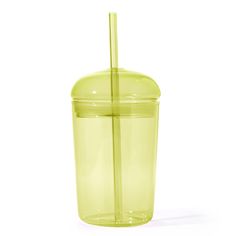 a yellow plastic cup with a straw in it