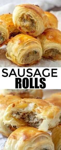 sausage rolls stacked on top of each other with the words sausage rolls in front of them