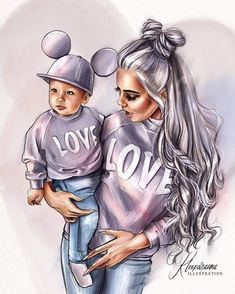 a drawing of a woman holding a child wearing mickey mouse ears on her head with the word love written on it