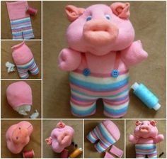 there are many pictures of stuffed animals in pink and blue striped outfits, including one pig