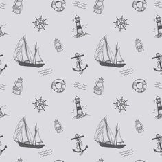 a blue and white wallpaper with ships, life preservers and lighthouses