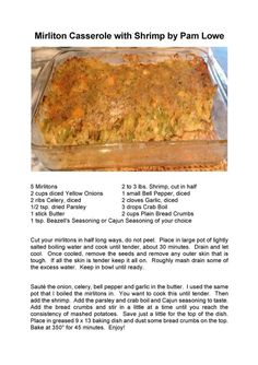 a recipe for a casserole with shrimp by pam lowe, including instructions