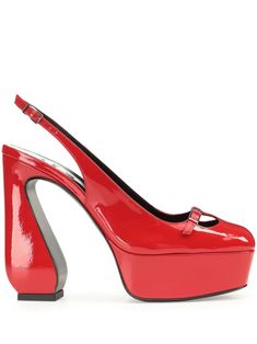 bright red leather patent finish cut-out detailing decorative buckle detailing square toe buckle-fastening slingback strap branded leather insole high sculpted heel platform sole Sergio Rossi, Slingback Pump, Pump Shoes, Bright Red, Red Leather, Calf Leather, Cut Out, Buckle, Pumps