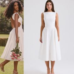 This Dress Is Oh So Elegant And Romantic. Made From Soft Peached Twill, The Crisp White Hue Has A Spring-Summer Feel That's Perfect For Dreamy Destinations And Pretty Garden Parties. The Fitted Bodice Has A Sleeveless Silhouette And A Subtle High Neck That Turns To Reveal A Dramatic Open Back. The Romantic Midi Skirt Falls Beautifully To A Floaty Midi Length And Zips To The Back For Easy On. 'Cindy' Is Ultra Wearable For Warmer Climates. Where To Wear Pretty Date Nights, Romantic Dinner Dates, B House Of Cb White Dress, Midi Skirt Fall, Wardrobe Revamp, Cindy Dress, Dreamy Destinations, Marilyn Dress, Floral Bustier, Pretty Garden, Corset Midi Dress