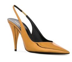 This is an authentic pair of SAINT LAURENT Laminated Calfskin Kiki 85 Slingback Pumps size 40 in Egypt Gold. These chic heels are crafted calfskin leather in dark gold. The pumps feature a sharp 3.50-inch wrapped stiletto and an elongated toe. These are show stopping heels with the classic chic of Saint Laurent! Constructed from glossy patent leather, these Kiki slingback pumps from Saint Laurent are so sleek that they won't ever leave your feet. Down for them always. Highlights • gold-tone • pa Luxury Gold Ankle Strap Slingback Pumps, Sleek Gold Leather Heels, Preppy Luxury, Luxury Slingback Pumps With Ankle Strap And Gold-tone Hardware, Luxury Gold-tone Slingback Heels, Luxury Gold Slingback Pumps With 4-inch Heel, Modern Preppy, Chic Heels, Sling Back