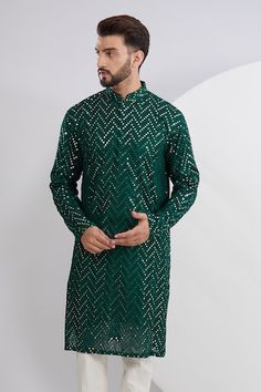 Bottle green kurta with thread embroidered chevron motifs, embellished by mirrorwork. Comes with a pant. - Aza Fashions Luxury Green Kurta With Mirror Work, Luxury Green Mulmul Kurta, Semi-stitched Embroidered Green Kurta, Semi-stitched Green Embroidered Kurta, Semi-stitched Embellished Green Kurta, Kurta Set Men, Men Kurta, Kurta Patterns, Green Thread