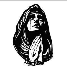 a black and white drawing of a woman with her hands clasped to her chest, praying