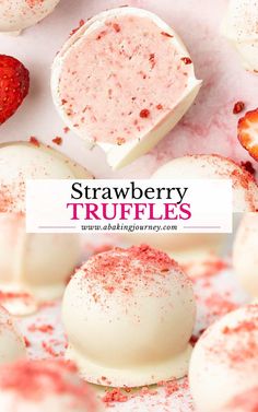 strawberry truffles with white chocolate and sprinkles on top, surrounded by strawberries