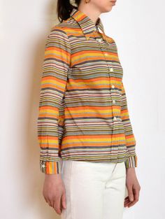 70's Striped Blouse Orange Yellow Geometric Print - Etsy Poland Collared Tops With Vertical Stripes For Fall, Striped Cotton Blouse With Buttons, Orange Cotton Blouse For Work, Retro Relaxed Fit Blouse For Fall, Yellow Fitted Shirt For Fall, Fitted Button-up Tops With Vertical Stripes, Fitted Vertical Stripe Button-up Tops, Fitted Vertical Stripes Top For Fall, Fitted Tops With Vertical Stripes For Fall