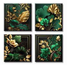 four green and gold floral paintings