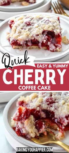 cherry coffee cake with crumbled toppings on white plates