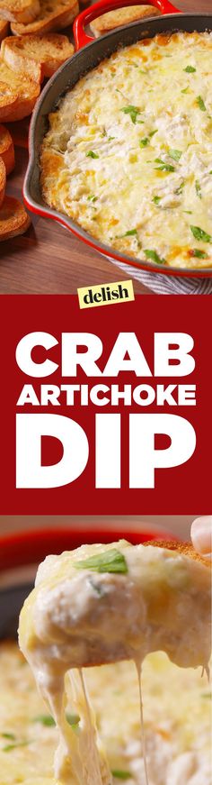 crab artichoke dip is being lifted from a casserole dish