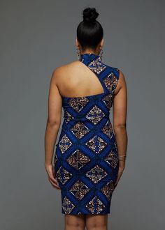 Style #1041BTD Our best-selling Amaka African print stretch dress in Blue Tan Diamonds is back! The mock neck and cut-out shoulder features of this bodycon dress will turn up the heat in this elegant print. Made from our stretchy and curve-hugging fabric, you'll look stunning in this dress when you strut your stuff at your next big event! *Colors may look slightly different depending on the fabric used for construction* Description Fitted Stretch Woven Dress Cut-Out Shoulder Mock Neck Hook and E Fitted Dress With Cutaway Shoulders For Date Night, Fitted High Neck Bodycon Dress With Back Zipper, Blue Fitted Bodycon Dress With Asymmetrical Neckline, Fitted Blue Mini Dress With Back Zipper, Blue Fitted Mini Dress With Back Zipper, Fitted Blue Bodycon Dress With Back Zipper, Blue Asymmetrical Neckline Stretch Bodycon Dress, Blue Fitted Mini Dress With Asymmetrical Neckline, Blue Mini Dress With Asymmetrical Neckline And Fitted Style