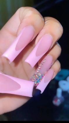 Pink Or White Nails, Pink Nails With Rhinestones, Pink Long Nails, Pink Tip Nails, Colored Acrylic Nails