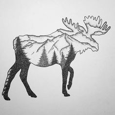 an ink drawing of a moose with trees on it's back and antlers