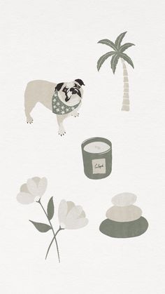 a pug is standing next to some flowers and a cup with a candle on it