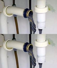 two pictures of pipes connected to each other with water coming out of them and leaking from them