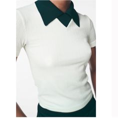 Cute Retro Zara Top With A Forest Green Collar. Never Used Without Tags. Extremely Soft And Pairs Nicely With Any Outfit. Size Is Labeled “M-L” Shipping I Ship Same Day Or Within Next 24 Hours Business Days. I Package Items Carefully & Ship Quickly! Message Me For Bundles To Combine Shipping! All Sales Are Final! No Exchanges, No Refunds And No Cancellations Accepted. Please Look At The Pictures For Condition Details. Elegant White Tops With Ribbed Collar, Elegant Short Sleeve Tops With Ribbed Collar, Elegant White Top With Ribbed Collar, Fitted Knit Top With Ribbed Collar For Work, Trendy Collared Top With Seamless Collar, Green Tops With Ribbed Collar And Short Sleeves, Green Short Sleeve Top With Ribbed Collar, Green Top With Ribbed Collar And Short Sleeves, Classic Collared Knit Top