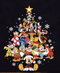 a mickey mouse christmas tree with many characters around it