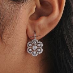 Floral Inspired Earrings, Lever Back Earrings, Round Diamond Engagement Earrings, Milgrain Bezel Set Earrings, 925 Silver Earrings For Women Item Description: All Stone: Lab Diamond Stone Shape: Round Cut Metal Customization: 1. White Gold: 10K/14K/18K 2. Yellow Gold: 10K/14K/18K 3. Rose Gold: 10K/14K/18K 4. Silver: Sterling Silver 925 Metal / Color / Purity Detailed Options:- 925 SL - 925 Sterling Silver W/G - White Gold Y/G - Yellow Gold R/G - Rose Gold CZ Diamond - Simulant Diamond * Main Sto Single Round White Gold Earring, Classic Flower Shaped Jewelry With Halo Design, Classic Flower Shape Jewelry With Halo Design, Classic Flower-shaped Jewelry With Halo Design, Fine Jewelry Flower-shaped Halo Earrings, Fine Jewelry Flower Shaped Halo Earrings, Classic Silver Flower Earrings With Prong Setting, Diamond Drop Flower Earrings, Fine Jewelry Flower-shaped Earrings With Halo Design