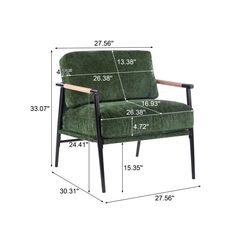 a green chair with measurements for the back and armrests, sitting on a white background