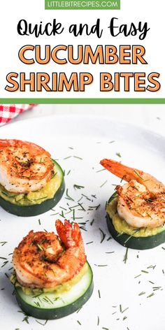 cucumber shrimp bites on a plate with text overlay