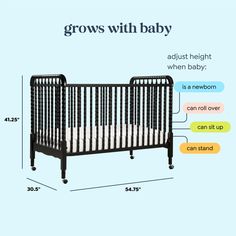 a baby crib is shown with the measurements for it's size and width