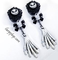 "-- All sizes $30.00 -- One pair of these HANDPAINTED Dangle plugs, attached to Acrylics in sizes 5/8\"- 1\" and to 316L Surgical Steel in 0g- 9/16\" Setting Measures 22mm on ALL plug sizes BLACK SETTING IS HANDPAINTED  SKELETON HAND IS SPRAYPAINTED  * Please read our shipping policy and FAQ before ordering. Thank you! * VISIT OUR WEBSITE FOR MORE CUTE AND UNIQUE DESIGNS! ------------------------------------------------------------------------------- IMPORTANT! If You Want Your Order Delivered B Gothic Earrings For Halloween, Black Fantasy Jewelry For Costume Party, Fantasy Black Jewelry For Costume Party, Gothic Piercings For Halloween Gift, Gothic Plug Earrings For Halloween Gift, Gothic Plug Earrings For Halloween, Adjustable Gothic Dangle Plug Earrings, Gothic Halloween Plug Earrings As A Gift, Gothic Halloween Plug Earrings