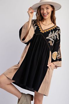 Transform your wardrobe with our Easel Embroidered Poly Linen Woven Dress. Featuring beautiful embroidery on soft, lightweight linen, this playful dress will make you stand out and feel comfortable at the same time. Perfect for any occasion, from brunch to a night out with friends! Details:- V Neck- Dropped Shoulders- 3/4 Sleeves- Embroidery Detailing- Ruching Detailing- Pockets- Loose and Relaxed Fit- Easy Pull Over Style Fabric Content:- 100% Cotton Night Out With Friends, Sleeves Embroidery, Embroidery Detailing, Khaki Dress, Woven Dress, Beautiful Embroidery, We Wear, Vintage Accessories, Mix Match