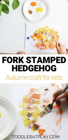 a child's hand holding a paintbrush and painting on paper plates with the words fork stamped hedgehog