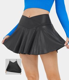 Women’s Softlyzero™ Faux Leather High Waisted Crossover 2-in-1 Side Pocket Foil Print Stretchy Flare Skirt - Halara Men Wearing Skirts, Athletic Skirts, Skort Dress, Athletic Dress, Tennis Skirts, Shiny Fabric, Leather Mini Dress, Dance Skirt, Golf Skirts