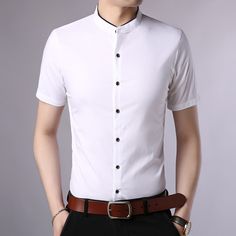 Gender: Men Item Type: Shirts Shirts Type: Casual Shirts Material: COTTON Material: Polyester Sleeve Length(cm): Short Collar: Mandarin Collar Style: Casual Sleeve Style: REGULAR Pattern Type: Solid Closure Type: Single Breasted Fabric: 60.3% Polyester, 39.7% Cotton Mens Casual Leather Shoes, Fits Streetwear, Blouse Man, Business Casual Shirts, Casual Summer Shorts, Men Shirt Style, Color Shorts, Mens Casual Outfits, Slim Fit Men