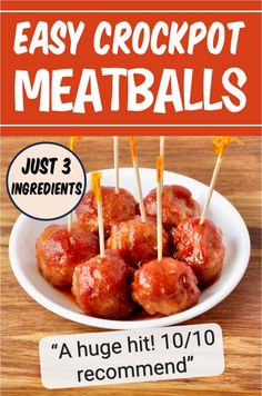 the cover of easy crockpot meatballs is shown on a plate with toothpicks in it