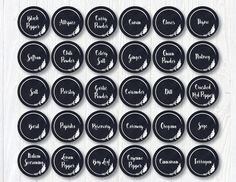 black and white labels with the names of different types of items in each one, on a