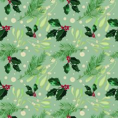 a green christmas pattern with holly and berries on the top, white dots in the background