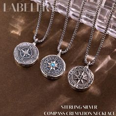 Our Sterling Silver Compass Cremation Necklace is more than a piece of jewelry. It is a guiding star for those who have lost their way in the darkness of grief. Handcrafted with meticulous attention to detail, this pendant stands as a symbol of eternal guidance and an ode to memories that navigate the soul. The compass design, meticulously engraved on the necklace, is an emblem of guidance and remembrance, offering a sense of direction and comfort to those who wear it. It serves as a poignant re Symbolic Sterling Silver Jewelry With Compass Design, Spiritual Compass Design Jewelry Gift, Silver Medallion Charm Necklace With Compass Design, Symbolic Compass Pendant Jewelry, Silver Amulet Necklace For Memorial, Silver Display, Cremation Necklaces, Compass Design, Memorial Pendant