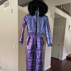 Questions? Leave A Comment Below! Fitted Purple Winter Outerwear, Fitted Lavender Outerwear For Winter, Ski Onesie, Long Hooded Jacket, Snow Gear, Purple Swirl, Spring Jackets, Rave Wear, Snow Jacket