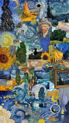 a collage of paintings and pictures with blue sky, sunflowers, clouds, trees