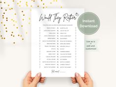 a hand holding up a printable wedding game with gold confetti around it