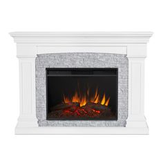 an electric fireplace with fire and flames on it's sides, isolated against a white background