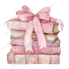 a stack of books with a pink bow on top