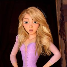 a girl with long blonde hair wearing a purple dress and holding her hands on her hips